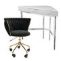 White Marble & Black Velvet Corner Office Desk and Chair Set - Roxy 