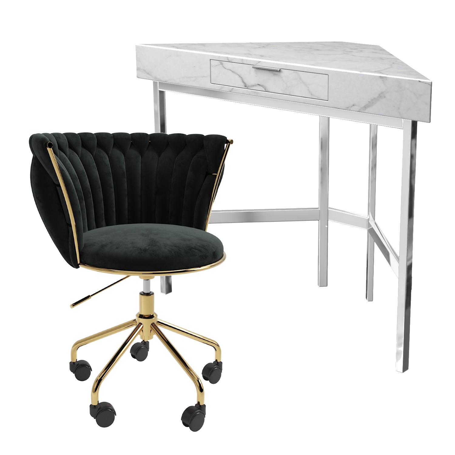 Photo of White marble & black velvet corner office desk and chair set - roxy