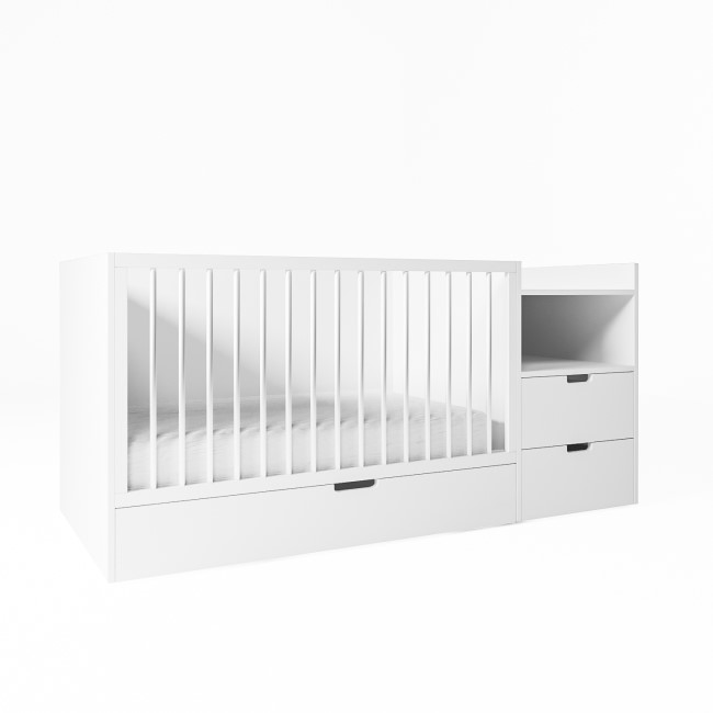 White Convertible Cot Bed with Drawer and Changer and Mattress 140 x 70 cm - Roscoe