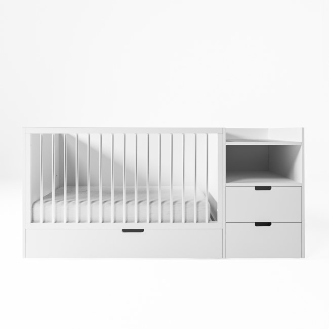 White Convertible Cot Bed with Drawer and Changer and Mattress 140 x 70 cm - Roscoe