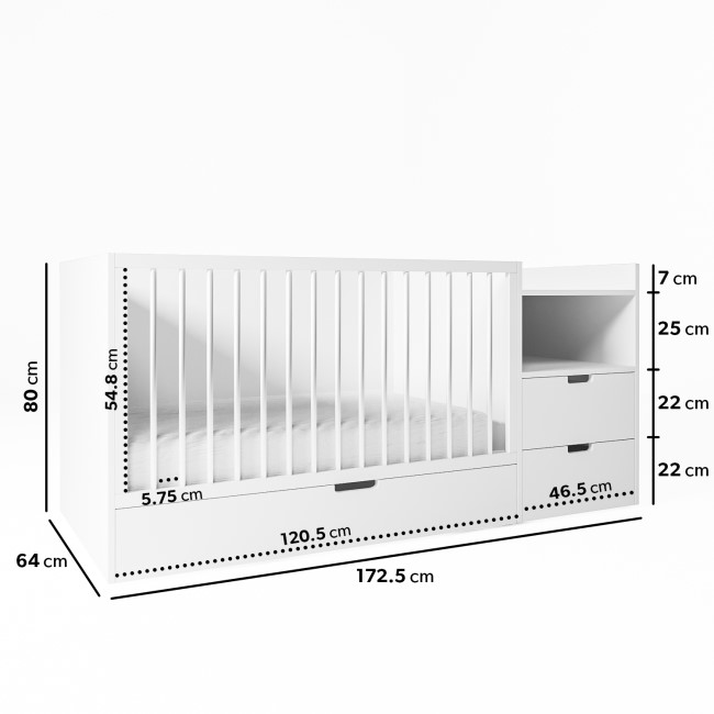 White Convertible Cot Bed with Drawer and Changer and Mattress 140 x 70 cm - Roscoe