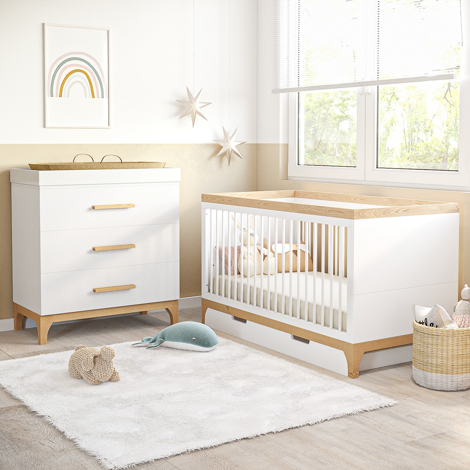 Photo of 2 piece nursery furniture set with cot bed and changing table in white - rue