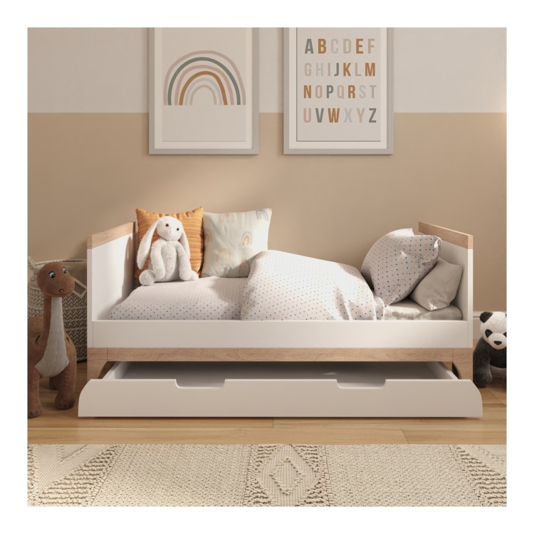 ALMOST PERFECT - White and Wood Convertible Cot Bed with Drawer Storage - Rue