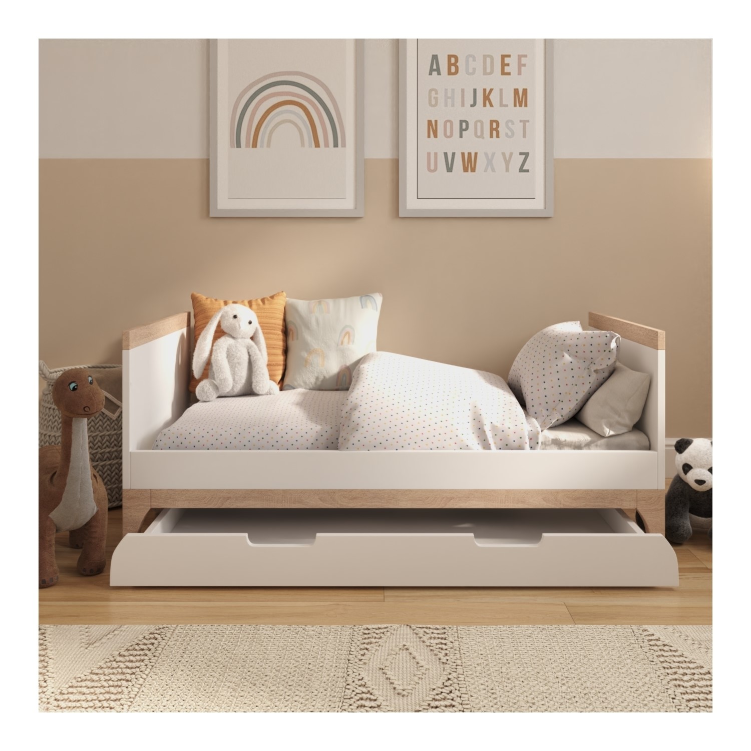 White and Wood Convertible Cot Bed with Drawer Storage - Rue - Furniture123