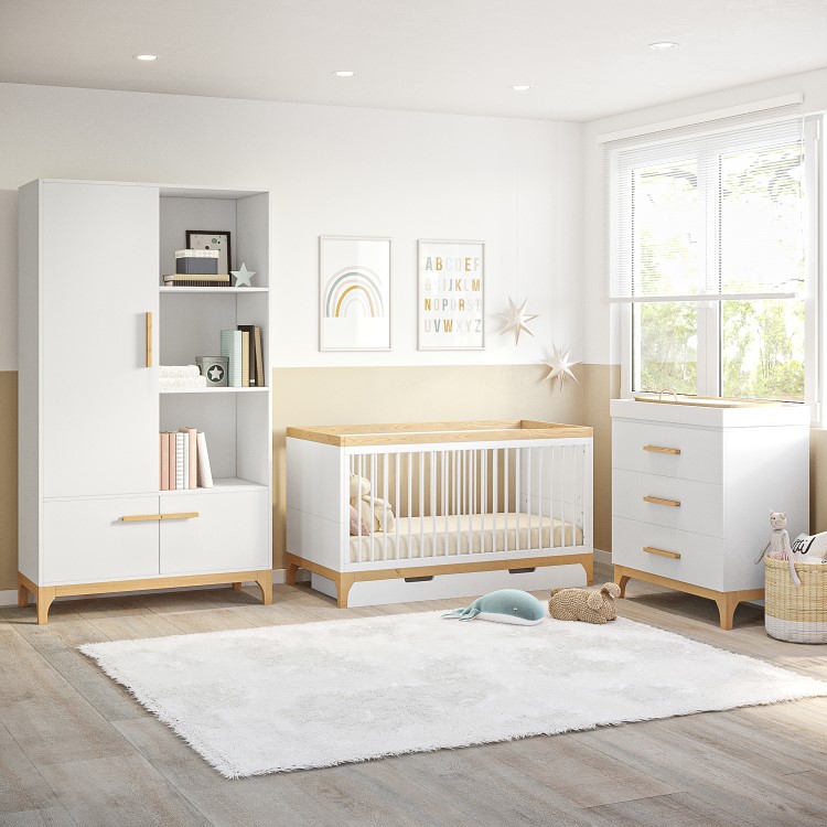 ALMOST PERFECT - White and Wood Convertible Cot Bed with Drawer Storage - Rue