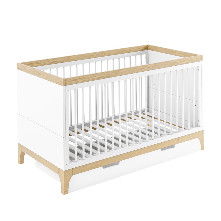 ALMOST PERFECT - White and Wood Convertible Cot Bed with Drawer Storage - Rue