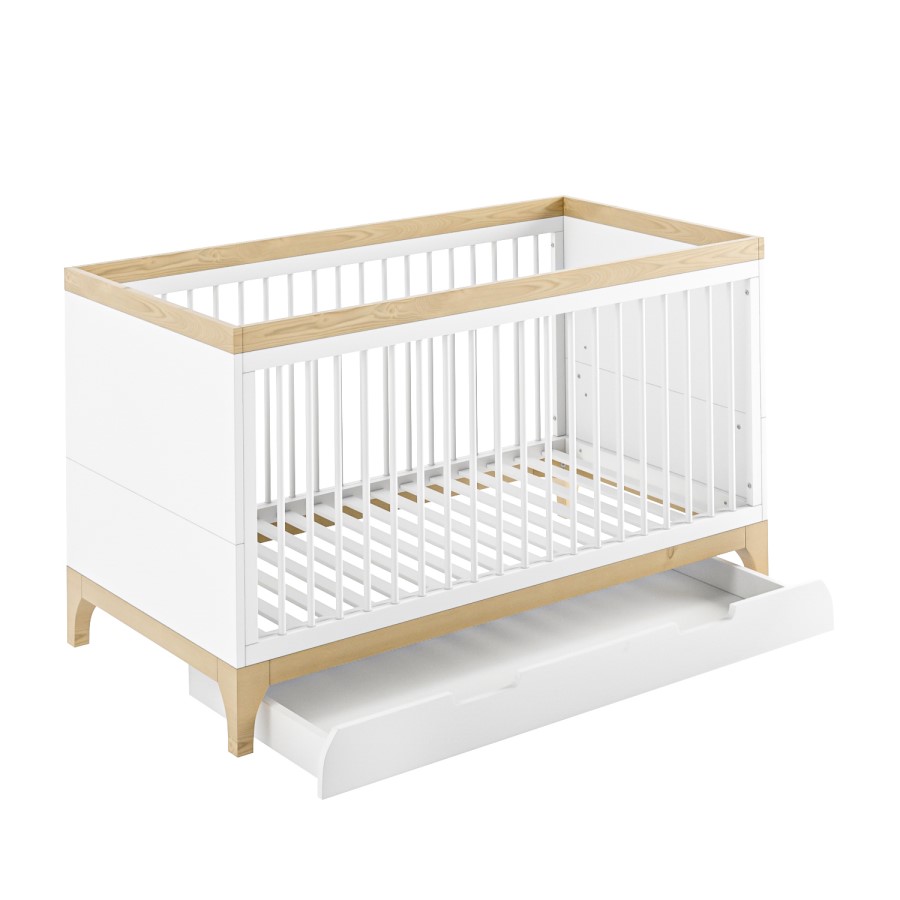 White and Wood Convertible Cot Bed with Drawer Storage and Mattress 140 x 70cm - Rue