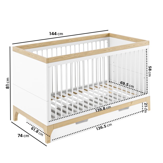 White and Wood Convertible Cot Bed with Drawer Storage and Mattress 140 x 70 cm - Rue