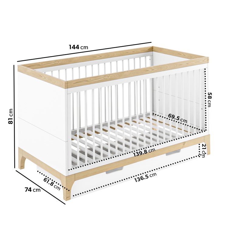 ALMOST PERFECT - White and Wood Convertible Cot Bed with Drawer Storage - Rue