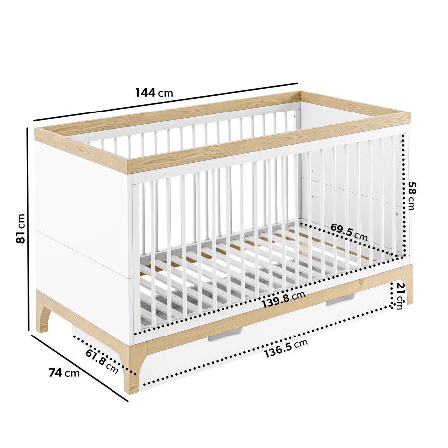 White and Wood Convertible Cot Bed with Drawer Storage and Mattress 140 x 70cm - Rue