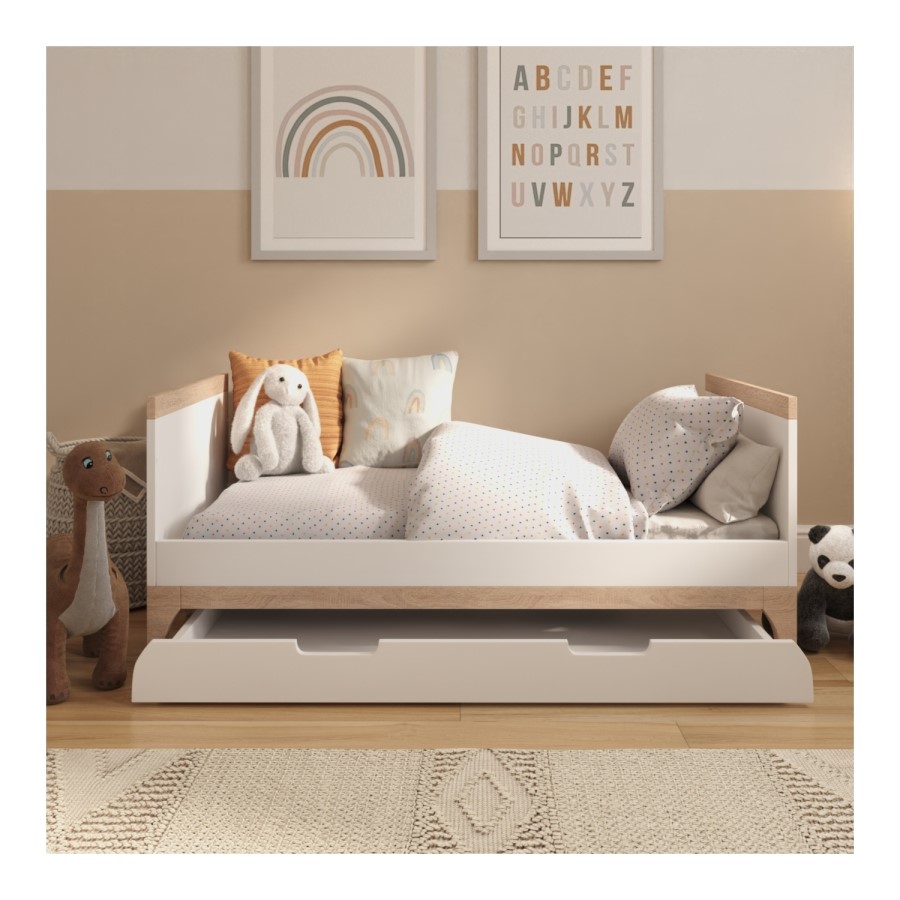White and Wood Convertible Toddler Bed with Drawer Storage - Rue