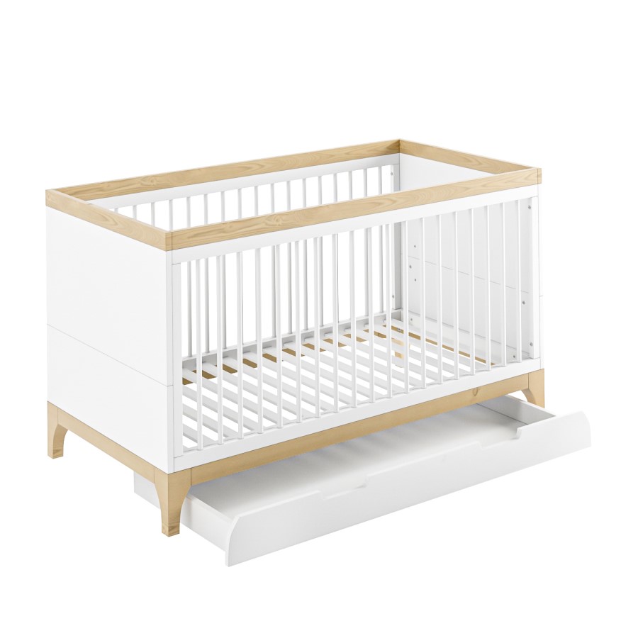 ALMOST PERFECT - White and Wood Convertible Cot Bed with Drawer Storage - Rue