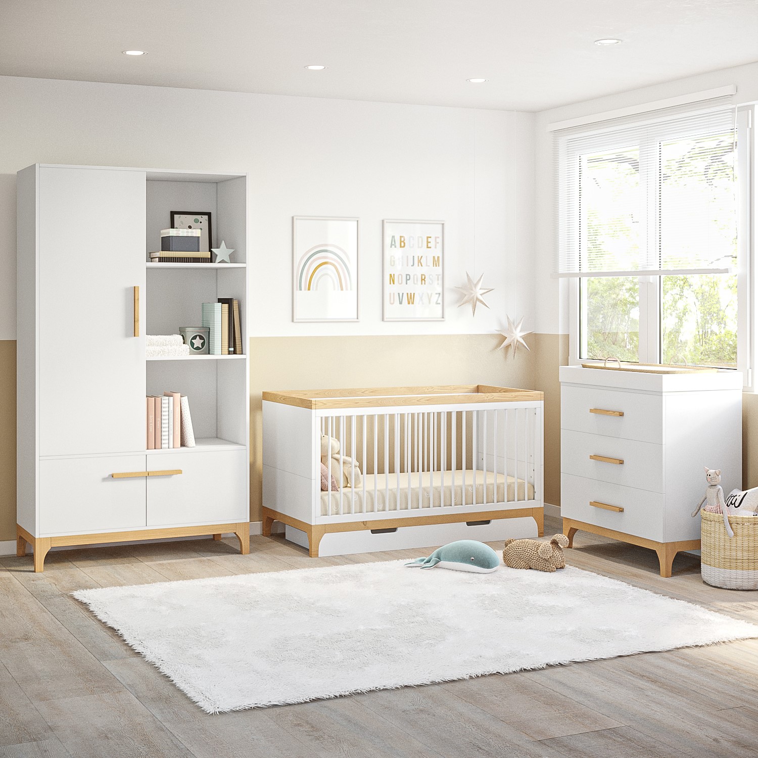3 Piece Nursery Furniture Set in White and Pine - Rue - Furniture123