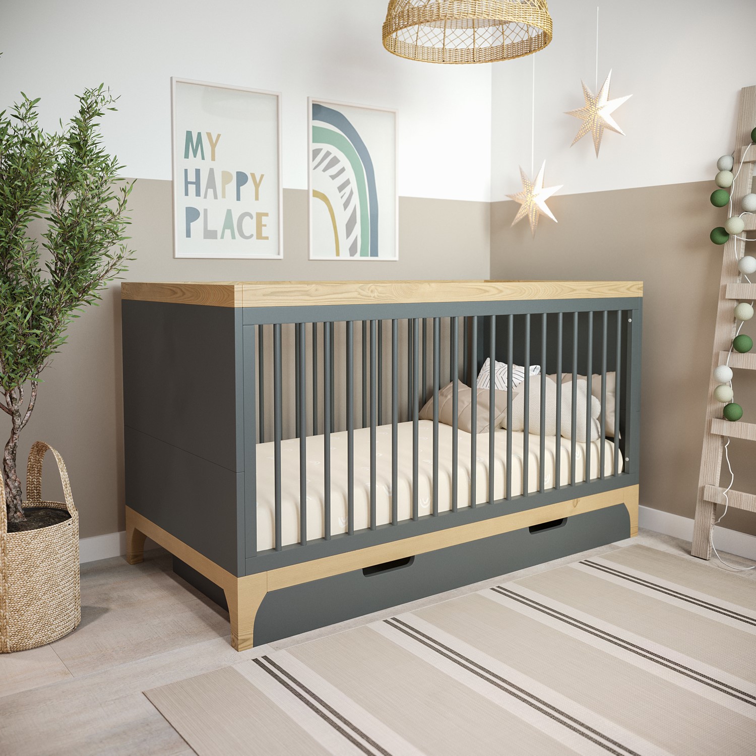 Grey and Wood Convertible Cot Bed with Drawer Storage - Rue - Furniture123