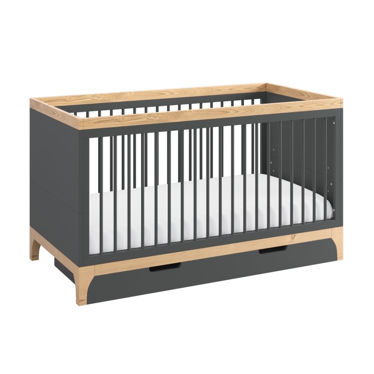 Grey and Wood Convertible Cot Bed with Drawer Storage - Rue