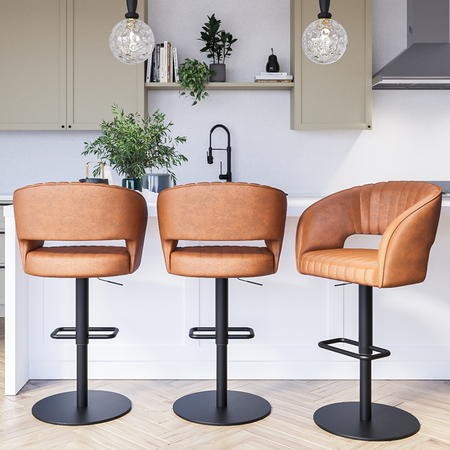 Set of 3 Curved Tan Faux Leather Adjustable Swivel Bar Stools with Backs Runa Furniture123