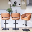 BUN/RUN001/84343 Set of 3 Curved Tan Faux Leather Adjustable Swivel Bar Stools with Backs - Runa