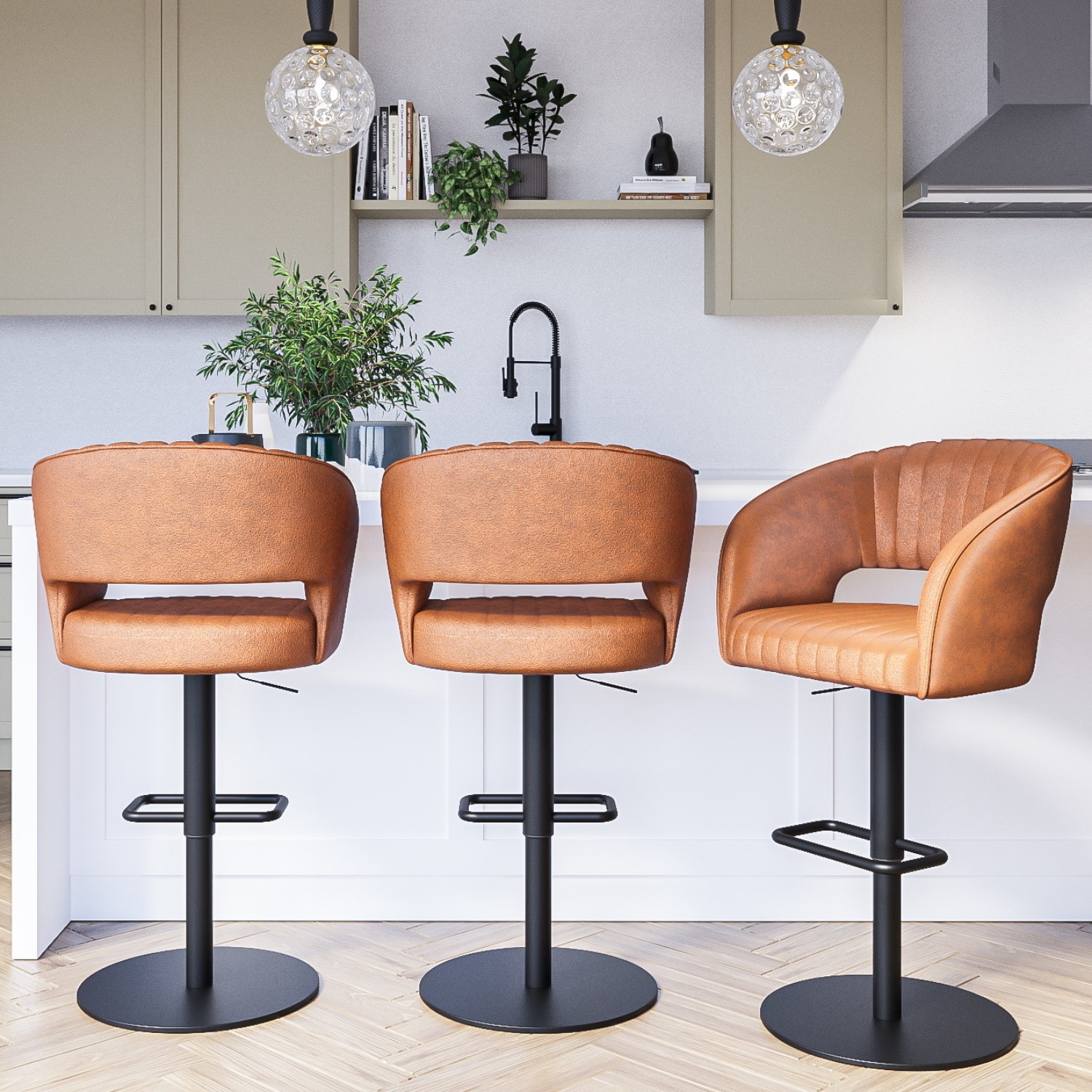 Photo of Set of 3 curved tan faux leather adjustable swivel bar stools with backs - runa