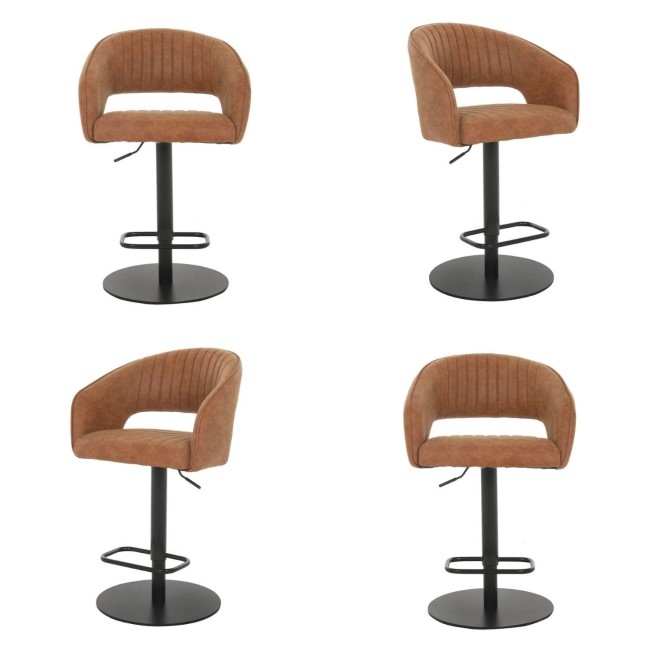 Set of 4 Curved Tan Faux Leather Adjustable Swivel Bar Stools with Back - Runa