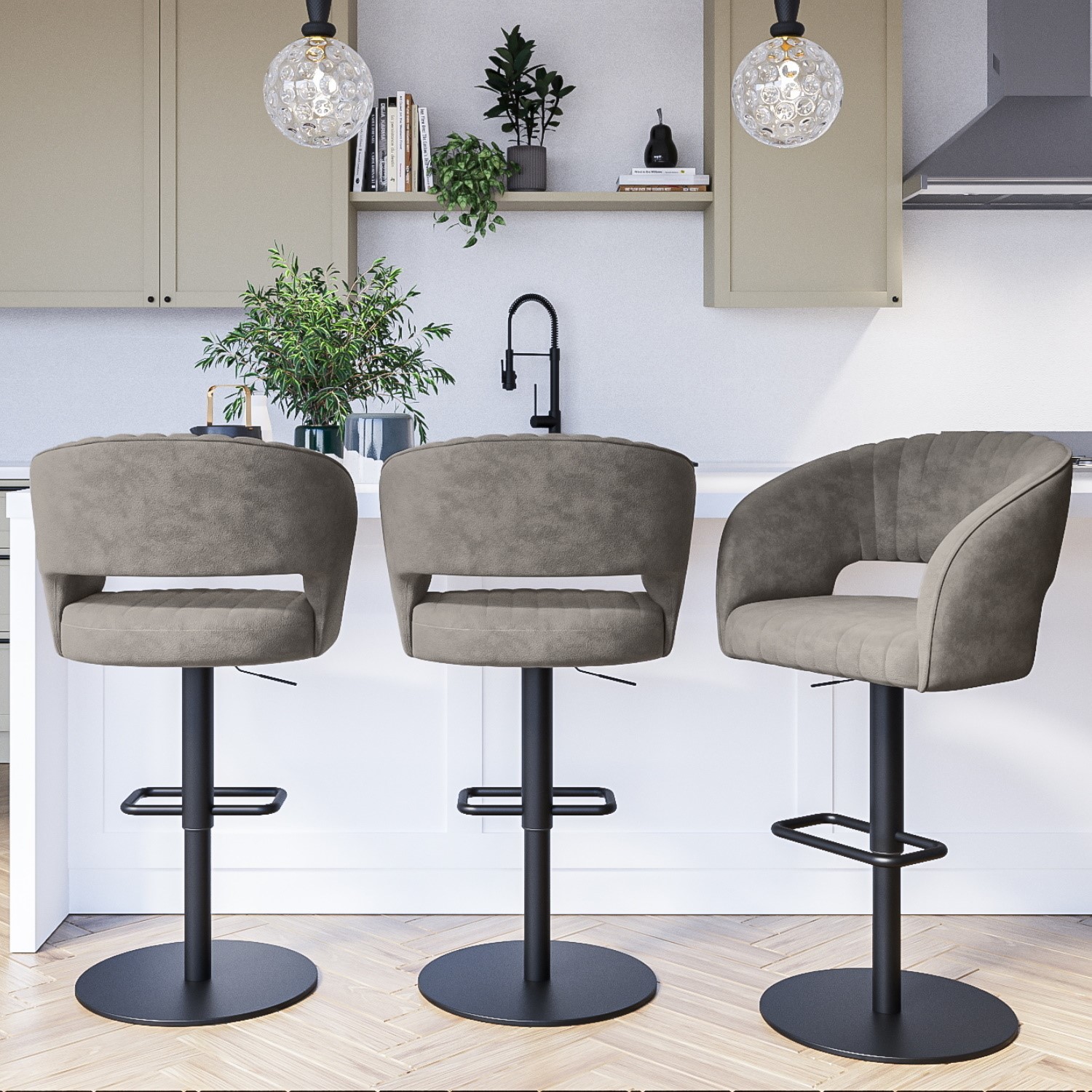 Photo of Set of 3 curved dove grey faux leather adjustable bar stools with backs - runa