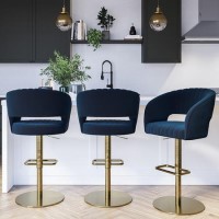 ONLY OPENED - Set of 3 Curved Navy Velvet Adjustable Bar Stools with Backs - Runa