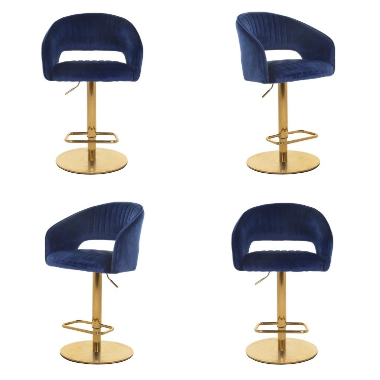 Set of 4 Curved Blue Velvet Adjustable Swivel Bar Stools with Backs - Runa