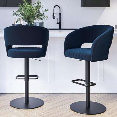 Grade A1 Set of Curved Navy Velvet Adjustable Bar Stools with