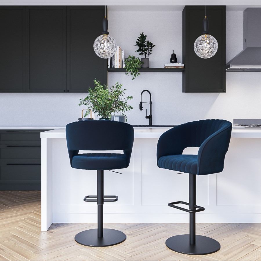 Grade A1 - Set of 2 Curved Navy Velvet Adjustable Bar Stools with Backs - Runa