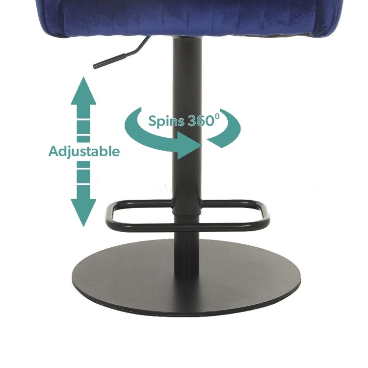 Set of 2 Curved Blue Velvet Adjustable Swivel Bar Stools with Backs - Runa