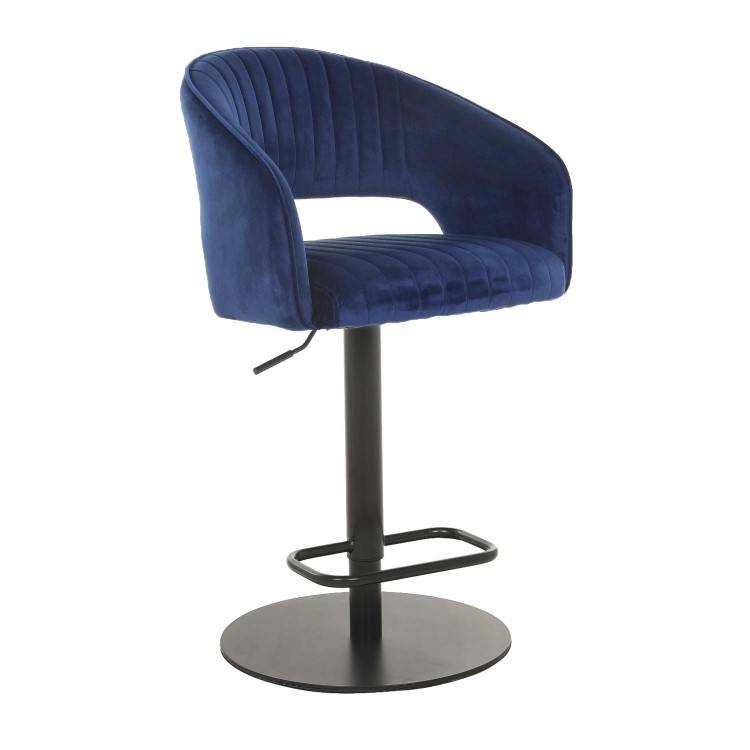 Set of 2 Curved Blue Velvet Adjustable Swivel Bar Stools with Backs - Runa