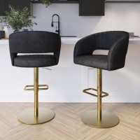 Set Of 2 Curved Black Faux Leather Adjustable Swivel Bar Stool with Brass Base - Runa Set Of 2 Curved Black Faux Leather Adjustable Swivel Bar Stool with Brass Base - Runa