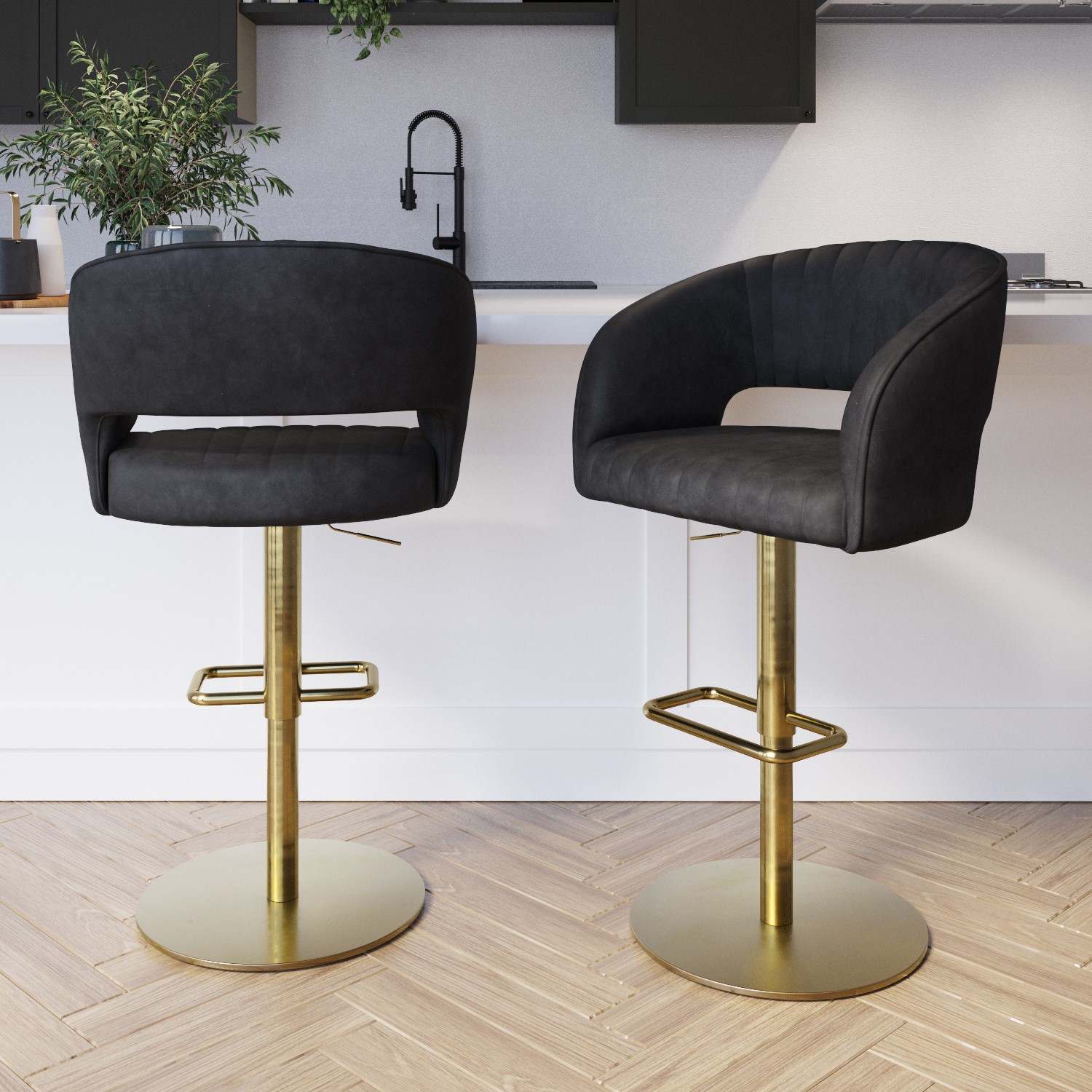 Photo of Set of 2 curved black faux leather adjustable swivel bar stool with brass base - runa