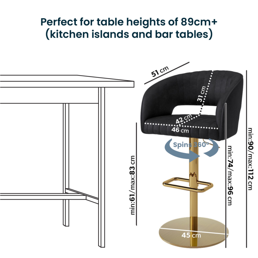 Set Of 2 Curved Black Faux Leather Adjustable Swivel Bar Stool with Brass Base - Runa