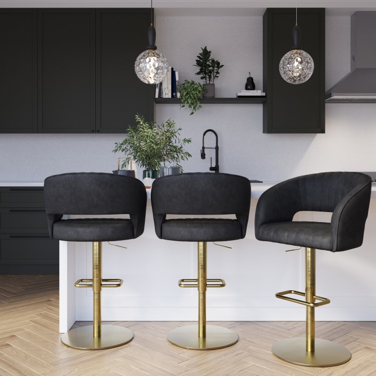 Set of 3 Curved Black Faux Leather Adjustable Swivel Bar Stool with Brass Base - Runa