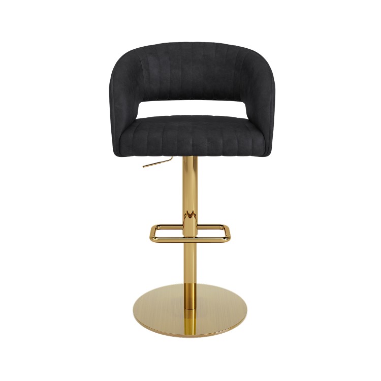 Set of 3 Curved Black Faux Leather Adjustable Swivel Bar Stool with Brass Base - Runa