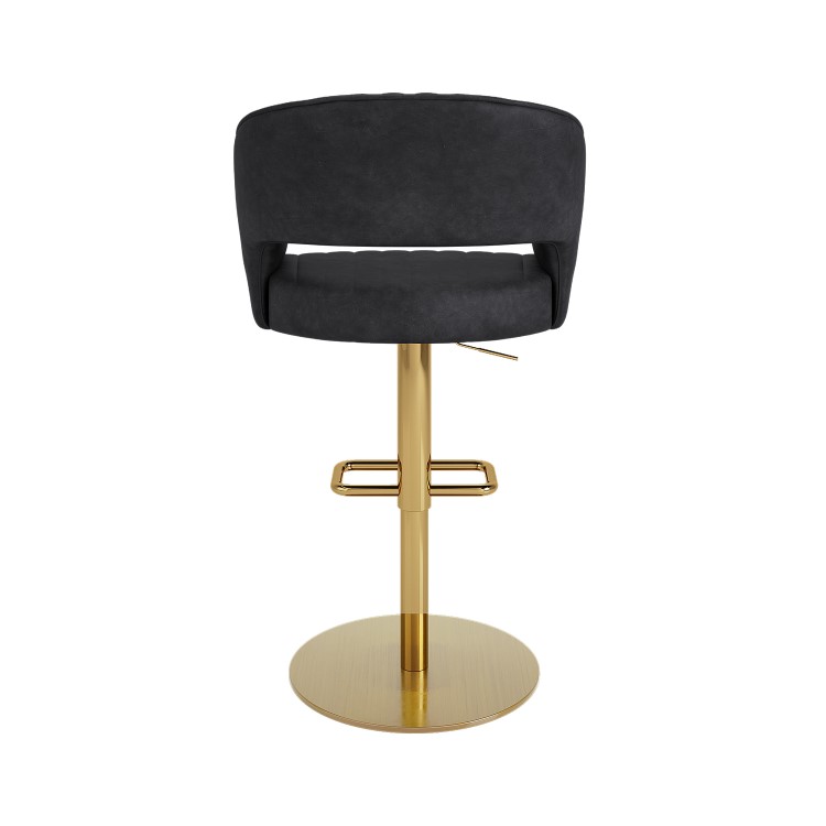 Set of 3 Curved Black Faux Leather Adjustable Swivel Bar Stool with Brass Base - Runa