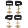 Set of 4 Curved Black Faux Leather Adjustable Swivel Bar Stool with Brass Base - Runa