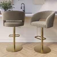 Set of 2 Curved Mink Matt Velvet Adjustable Swivel Bar Stools with Gold Base - Runa Set of 2 Curved Mink Matt Velvet Adjustable Swivel Bar Stools with Gold Base - Runa