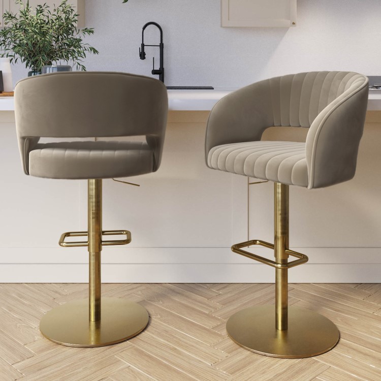 Set of 2 Curved Mink Matt Velvet Adjustable Swivel Bar Stools with Gold Base - Runa