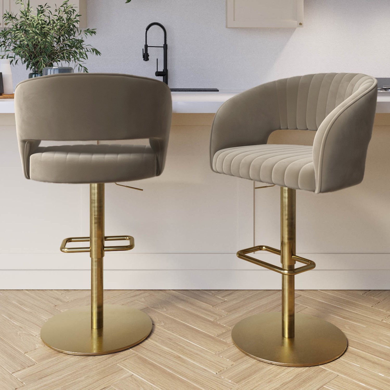 Photo of Set of 2 curved mink matt velvet adjustable swivel bar stool with gold base - runa
