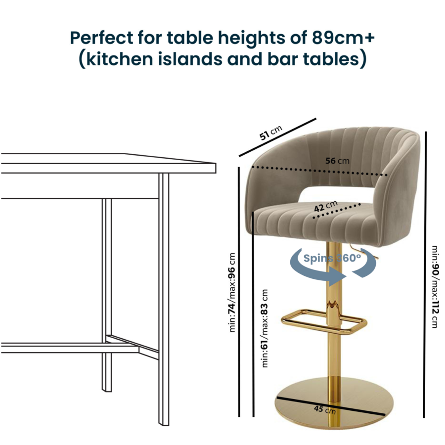 Set of 2 Curved Mink Matt Velvet Adjustable Swivel Bar Stools with Gold Base - Runa