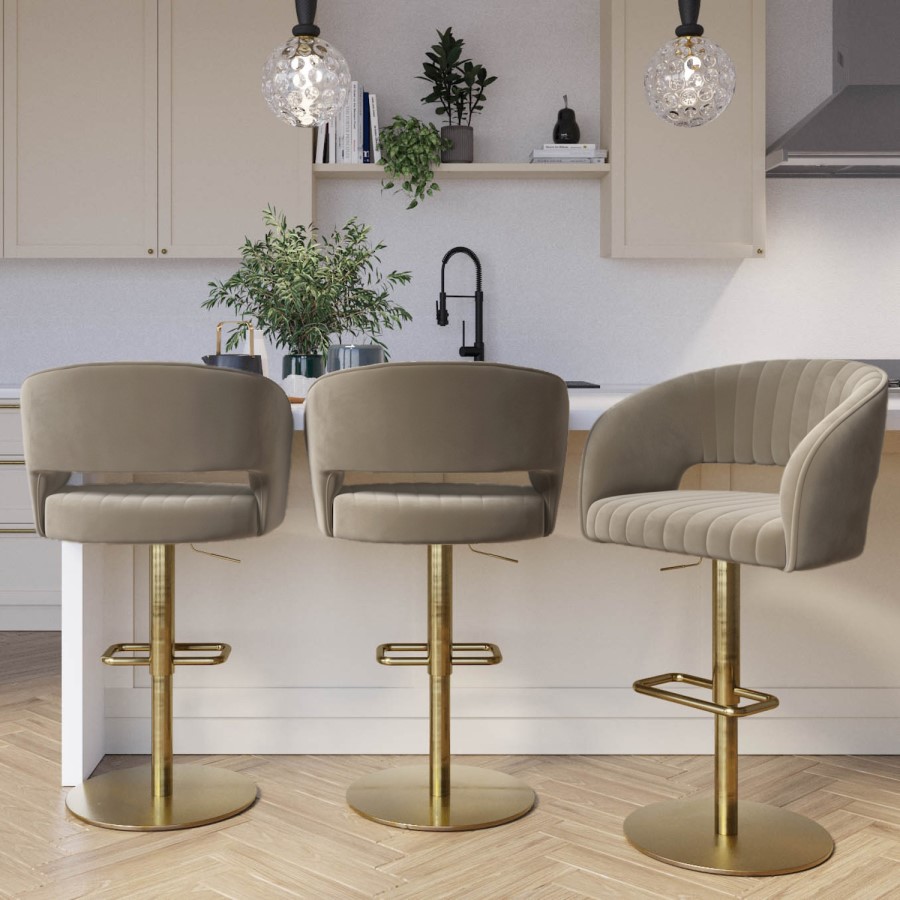Set of 3 Curved Mink Matt Velvet Adjustable Swivel Bar Stools with Gold ...