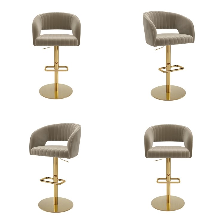 Set of 4 Curved Mink Matt Velvet Adjustable Swivel Bar Stools with Gold Base - Runa