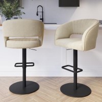 Set of 2 Beige Upholstered Adjustable Swivel Curved Bar Stools with Black Base - Runa Set of 2 Beige Upholstered Adjustable Swivel Curved Bar Stools with Black Base - Runa