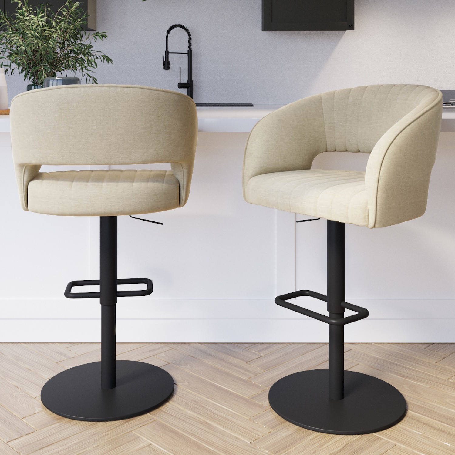 Photo of Set of 2 curved beige fabric adjustable swivel bar stool with black base - runa