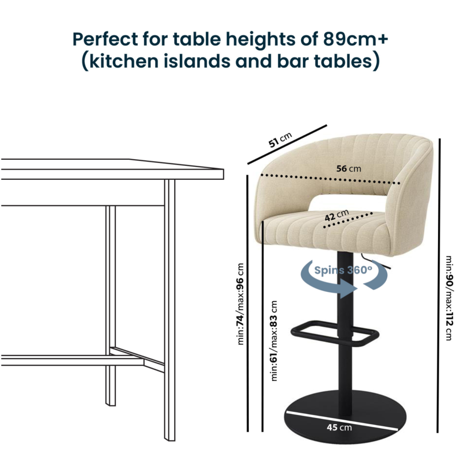 Set of 2 Beige Upholstered Adjustable Swivel Curved Bar Stools with Black Base - Runa