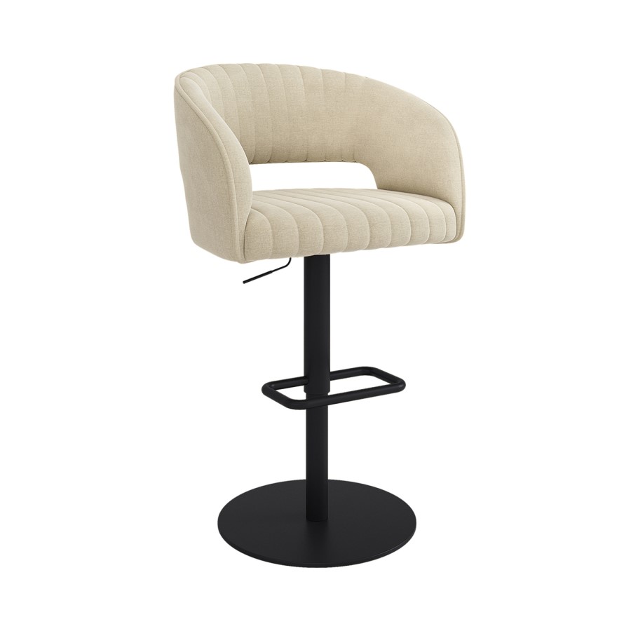 Set of 2 Beige Upholstered Adjustable Swivel Curved Bar Stools with Black Base - Runa