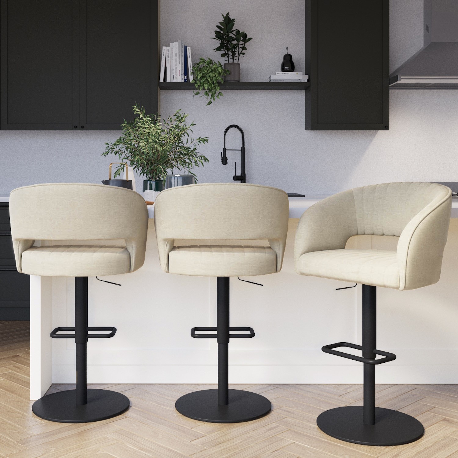 Photo of Set of 3 curved beige fabric adjustable swivel bar stool with black base - runa