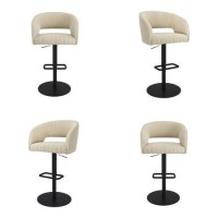 Set Of 4 Curved Beige Fabric Adjustable Swivel Bar Stool with Black Base - Runa