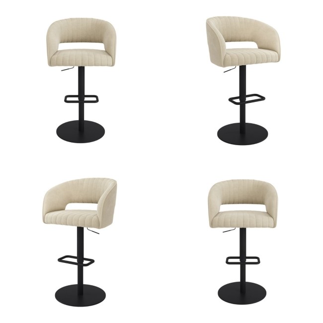 Set Of 4 Curved Beige Fabric Adjustable Swivel Bar Stools with Black Base - Runa